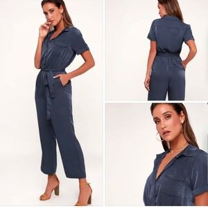 JACINTHA NAVY BLUE SATIN SHORT SLEEVE JUMPSUIT